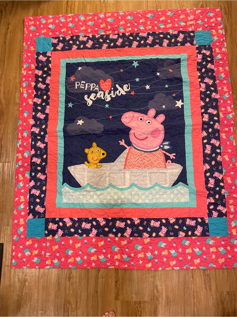 56" x 46" Handmade Peppa Pig baby quilt, Cottage Core Pink Blues